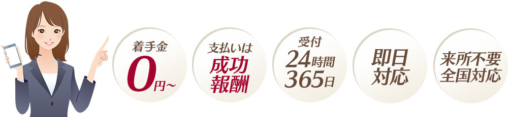 着手金は0円~・支払いは成功報酬・24時間受付・365日受付・即日対応します。・来所不要です。全国対応です。